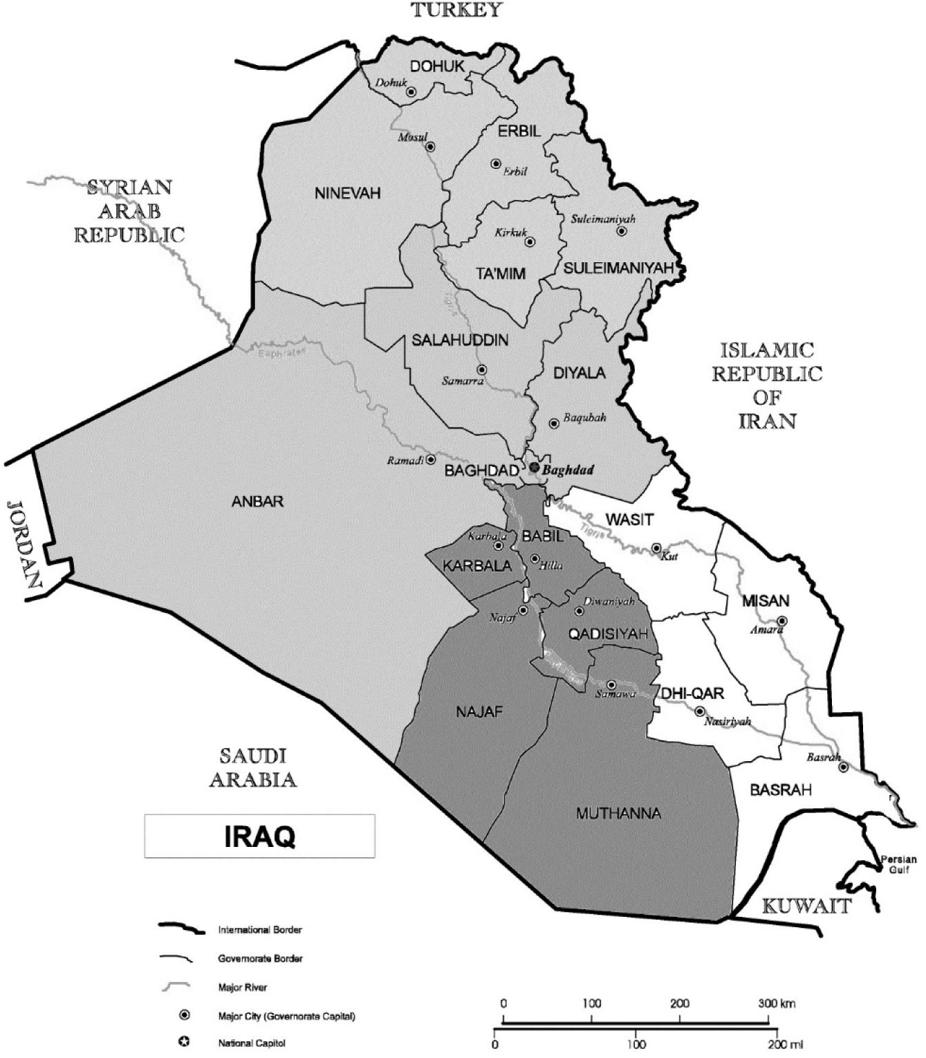 Map of Iraq showing its 18 provinces. Permission to use the map granted by kind courtesy of MemNav. (Source: https://i2.wp.com/www.memnav.com/im/Iraq_map.jpg)