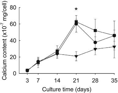 Calcium content of rat mesenchymal stem cells cultured on hydrogels in osteogenic induction medium. Squares indicate hydrogels made of 4% silk fibroin (SF) solution only (SF hydrogel), circles indicate hydrogels made of 4% SF solution + 0.05% collagen solution (SF/0.05C hydrogel), and triangles indicate hydrogels made of 4% SF solution + 0.1% collagen solution (SF/0.1C hydrogel). *P < 0.05 (one-way analysis of variance with a post hoc least significant difference test). Error bars are standard deviations of triplicate experiments.