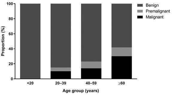 Proportion of premalignant and malignant lesions in each age group.