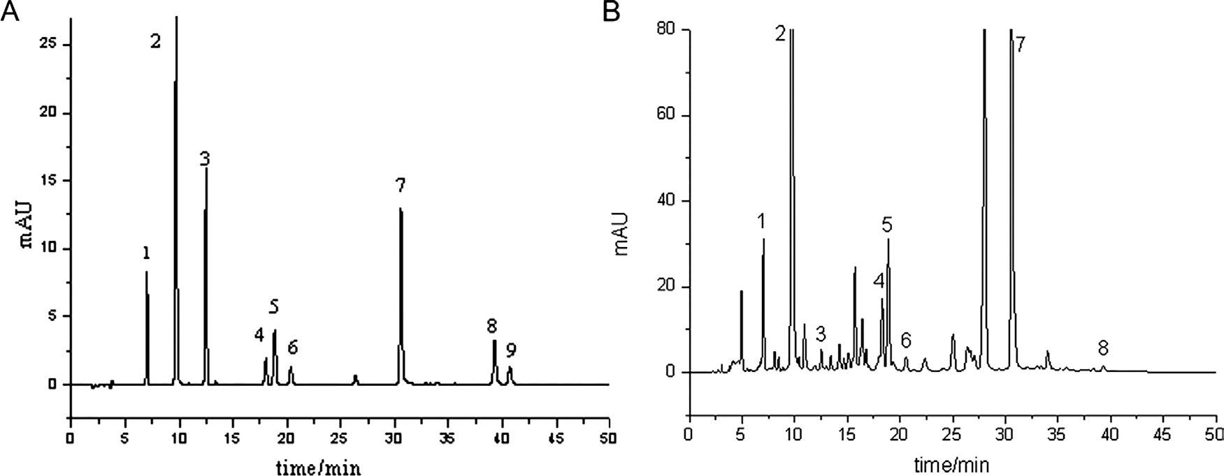 Representative high-performance liquid chromatograms of standard mixture (A) and sample (B) of honeysuckle leaves. Peaks identification: 1, neochlorogenic acid; 2, chlorogenic acid; 3, caffeic acid; 4, rutin; 5, galuteolin; 6, hyperoside; 7, isochlorogenic acid C; 8, luteolin; and 9, quercetin. Chromatographic conditions are as depicted in the text.