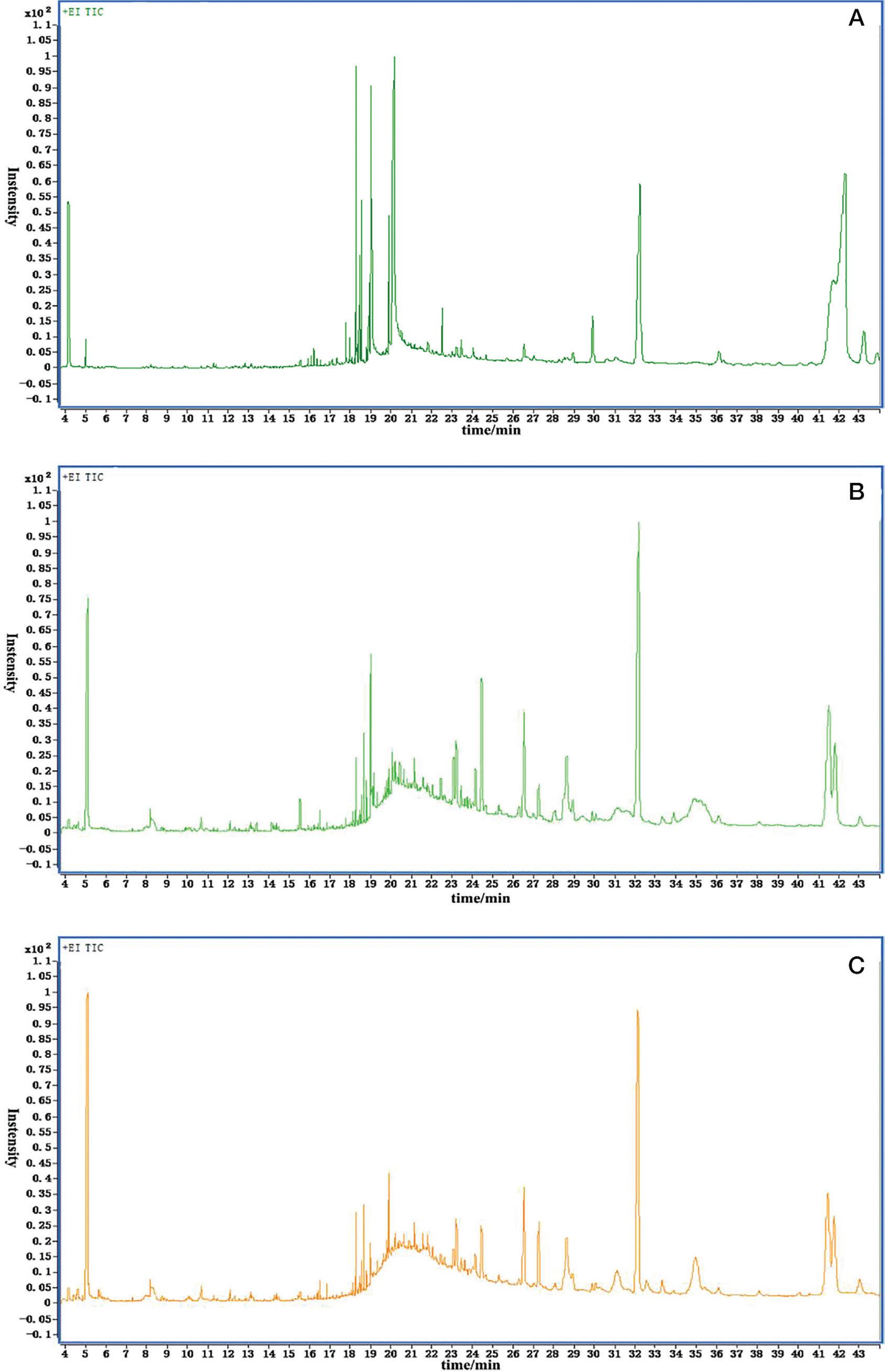 Total ion chromatogram of the volatile components in June in leaves (LE) (A), flowers (FL) (B), and green buds (GB) (C) of L. japonica Thunb. The chromatographic and mass spectrometric conditions are as depicted in the text. The LE were collected in June 2015 with FL and GB.