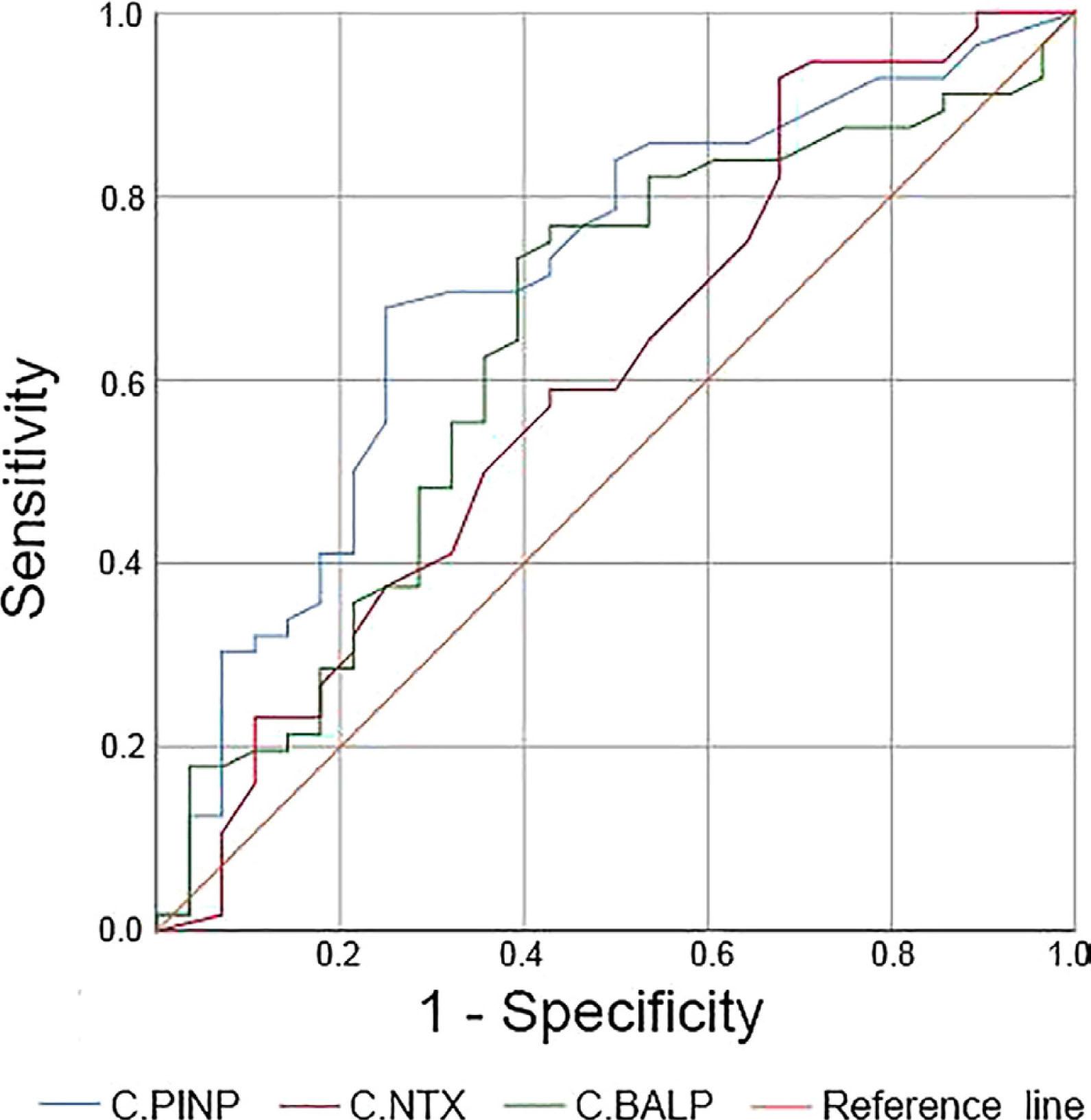 Comparison of diagnostic accuracies of biochemical parameters by ROC curve analysis discriminate for patient groups (osteoporosis and osteopenia) and the healthy subjects. C.PINP, procollagen type I N-terminal propeptide; C.NTX, amino-terminal cross-linked telopeptide of type I collagen; C.BALP, bone alkaline phosphatase.