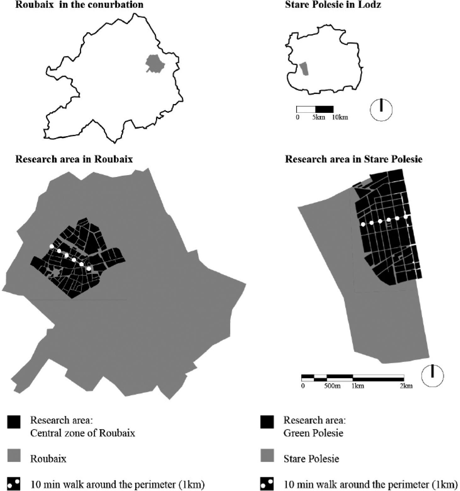 Delimitation of the research area. On the left: Roubaix site; on the right: Lodz site. Own work, 2018