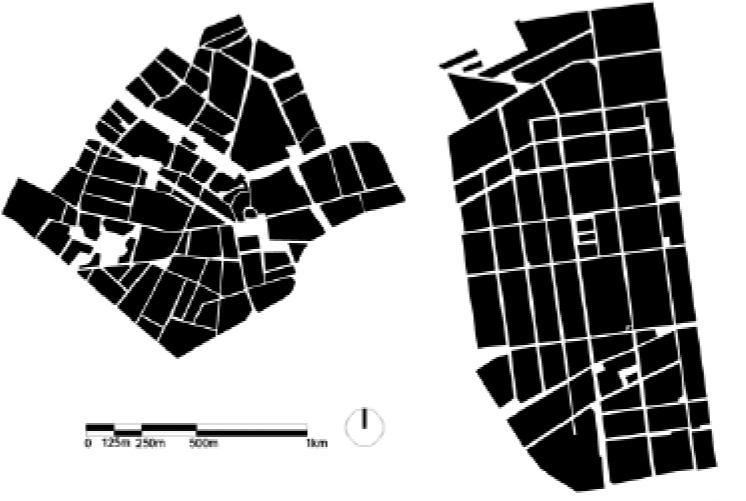 City block diagrams. On the left: Roubaix site; on the right: Lodz site. Own work, 2018