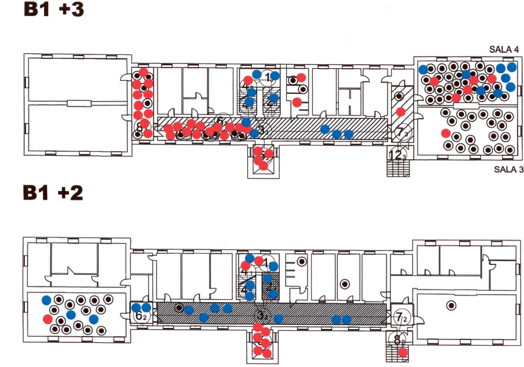 Exemplary aggregate behavioural maps showing places of “activity/ remaining in a place” (black), “favourite” places (red) and “disliked” places (blue) for two selected floors (+2, +3) of B1 building