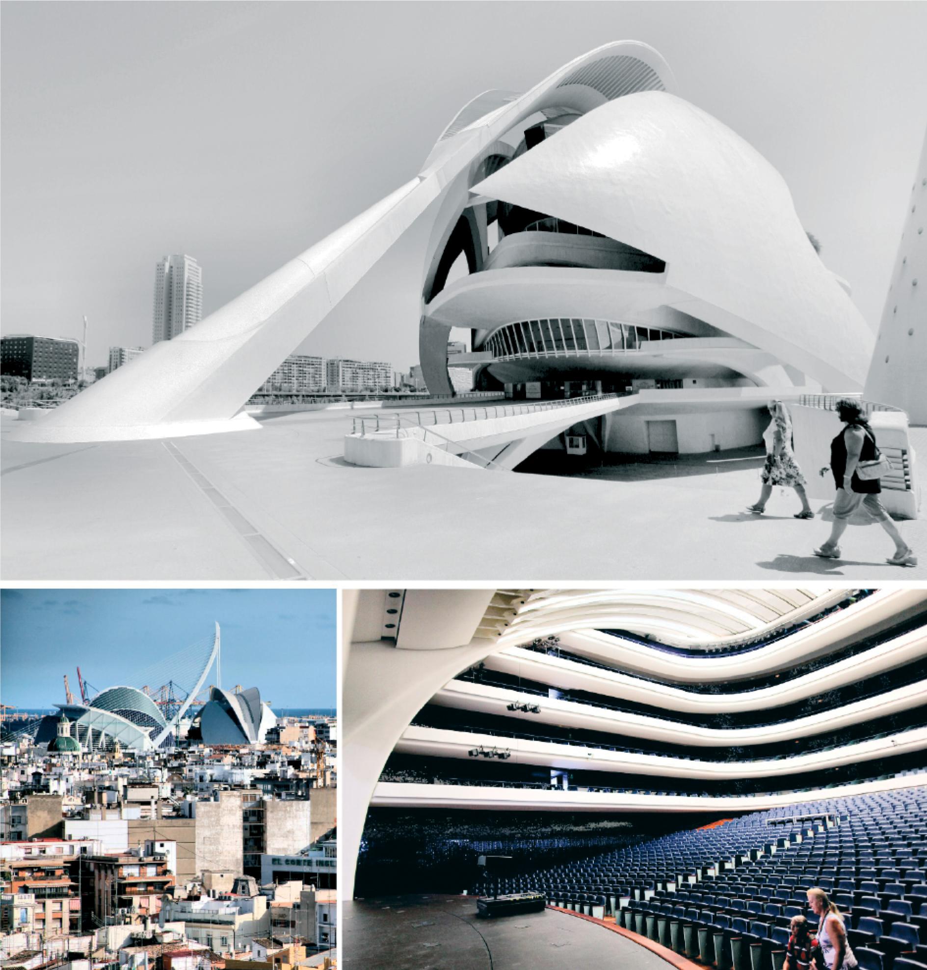 Calatrava’s building complex visible from the tower next to the Cathedral, exterior of the opera, and the main opera stage visible from the stage. Photograph by author