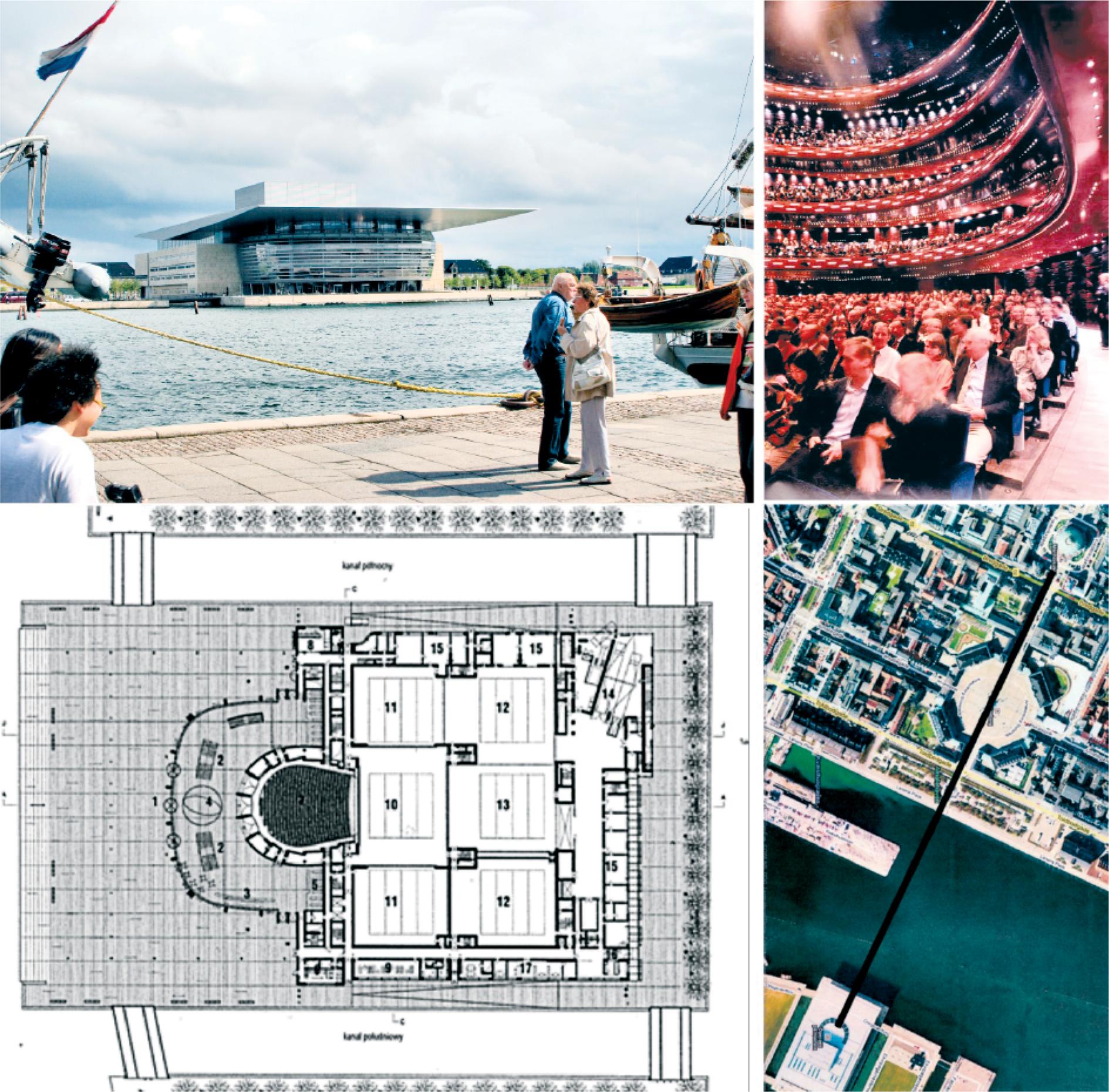 Location of the Copenhagen Opera House on the extension of the representative axis, projection of level 0.0 and interior of the opera house. Photograph by author, illustration from the author’s archive