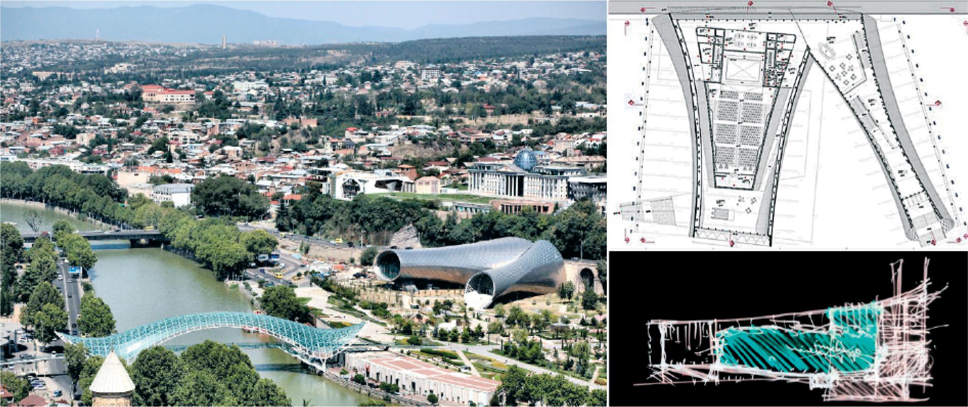 Tbilisi Theater visible from the nearby hill, projection of main level and author’s sketch (Fuksas) of longitudinal cross-section through the auditorium. Photograph by author, illustrations from the author’s archive