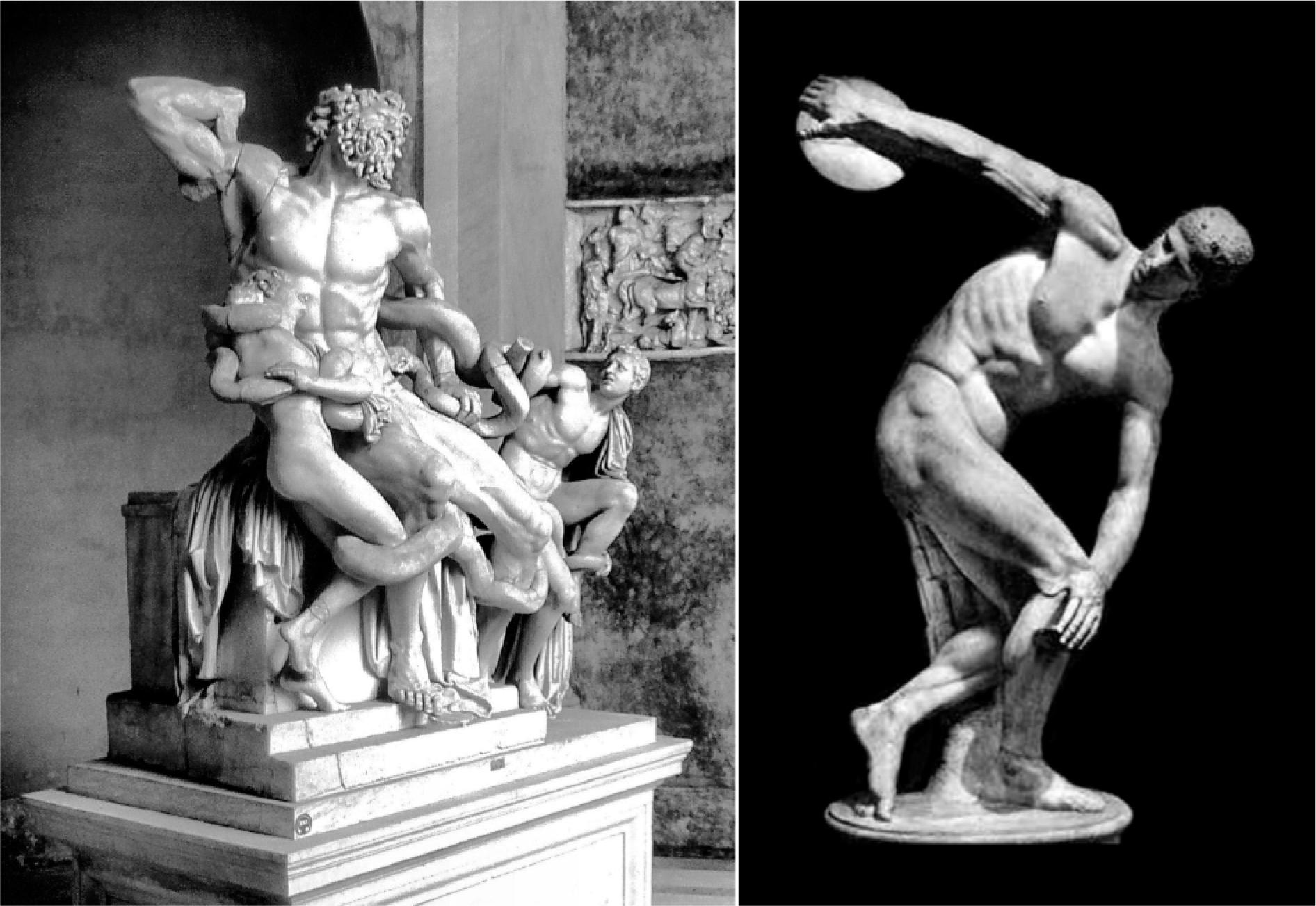 Statue of Laocoön and His Sons from 1st century BCE, excavated in 1500s, presumably in the presence of Michelangelo Buonarroti, and Discobolus of Myron from the middle of the 5th century BCE. Photograph by author