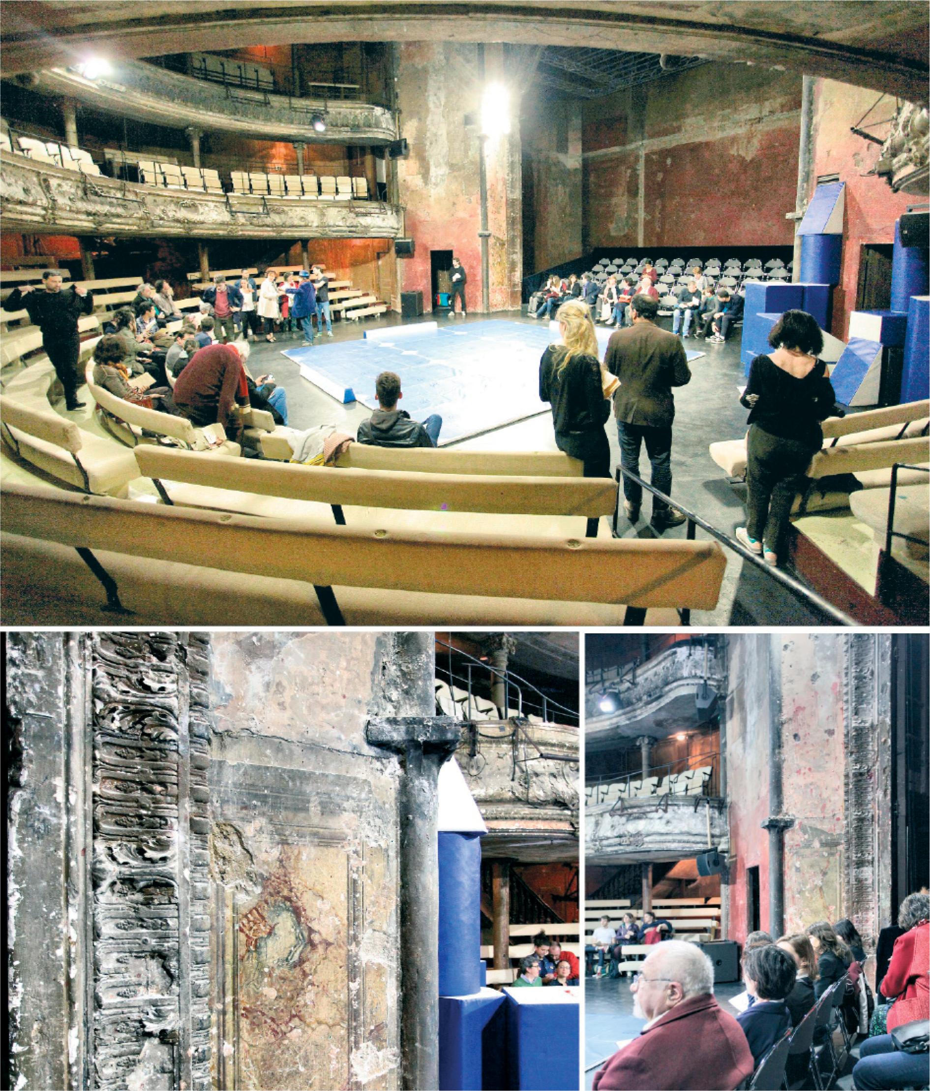 Stage of Les Bouffes du Nord in an arena layout; details characteristic of the specific aesthetics of the auditorium. Photograph by author