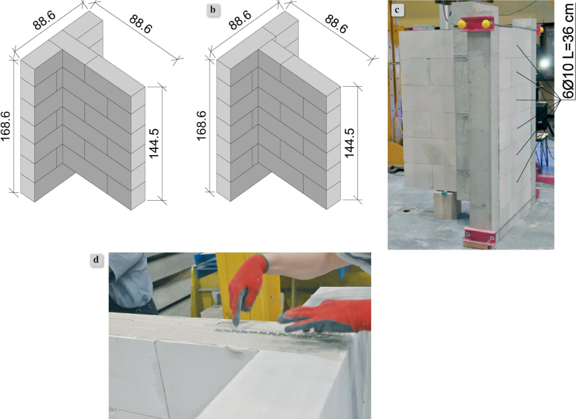 Geometry: a) of P type reference masonry wall, b) masonry walls with steel connectors (wall B and F), c) method of the anchorage with steel punched flat profile, d) method of connection with a wall junction strip