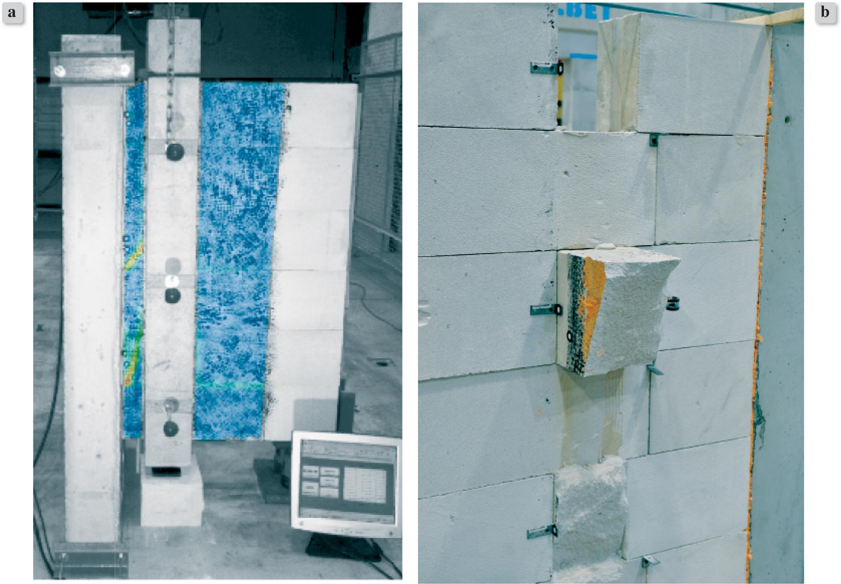 Failure of a P series model a) first cracks in the reference model P_2 b) view of the joint at the moment of failure P_3