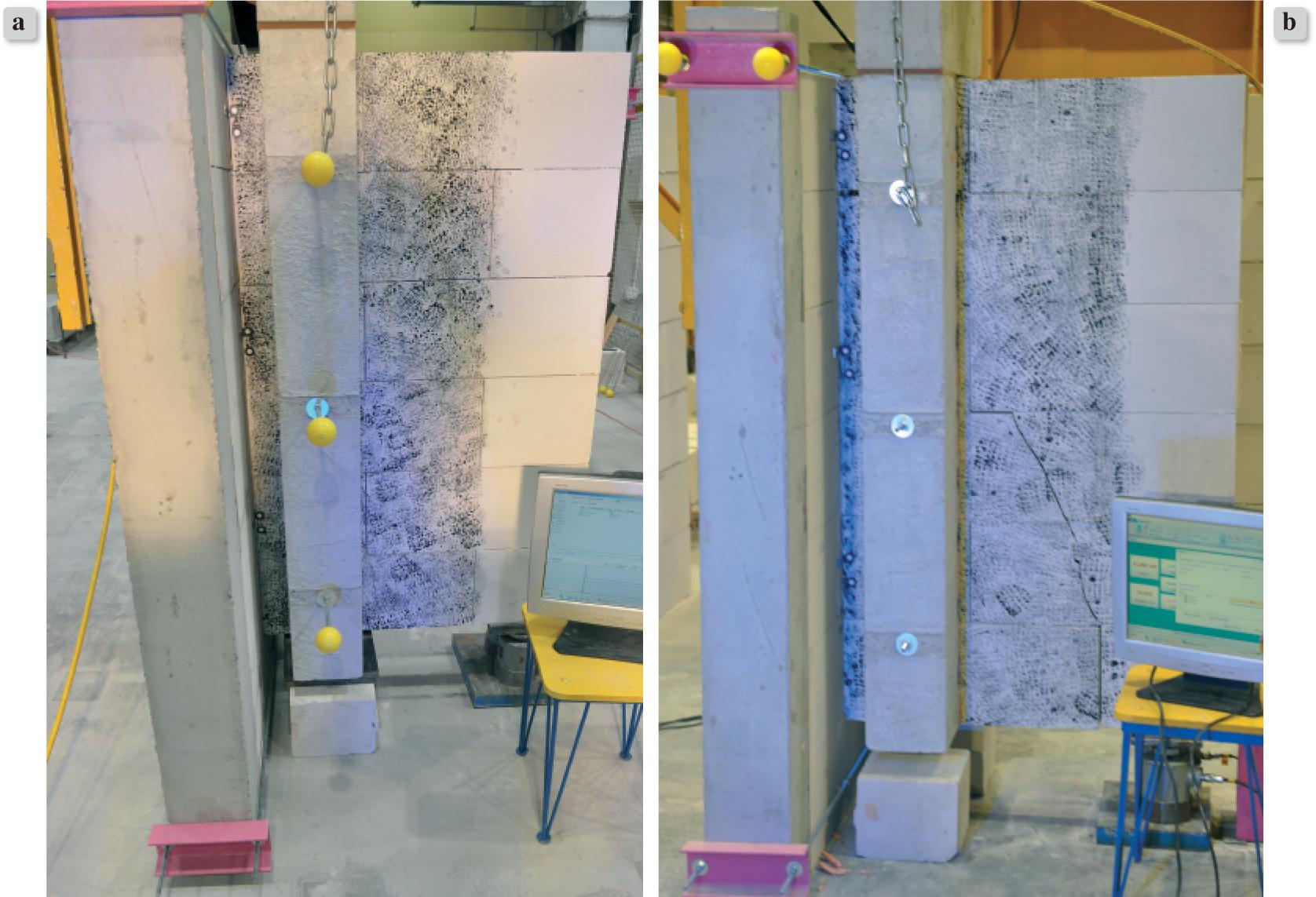 View of the models at the moment of failure: a) model B_2 with wall junction strips, b) model F_3 with bars