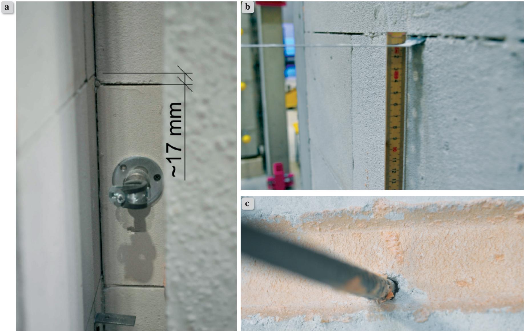 Failure of B and F series models a) view of a damaged model with dimensioned displacements between the bed joints in perpendicular walls (B_1) b) typical cambers in the wall junction strip flat profile within the joint (B_3) c) view of a bar joining the walls, pulled out after the test (F_2)
