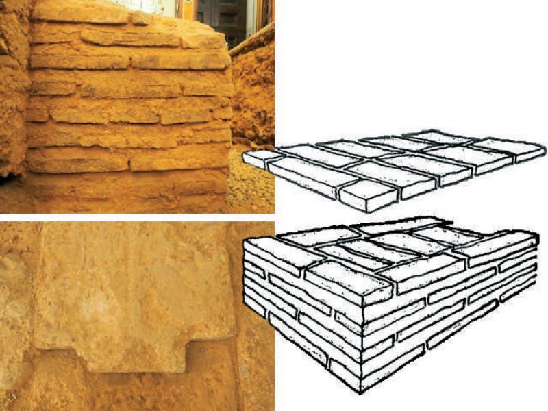 Archaeological remains and sketch of the brickwork of the diaphragmatic arches of the 13th century Algemesí church (exploration 1). Source: authors