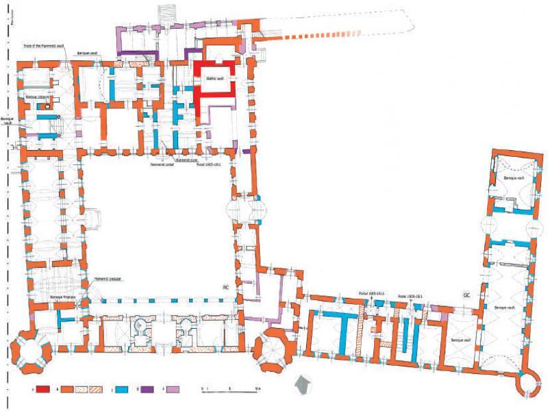 Żyrowa, the palace, ground floor plan with chronological stratification of walls. Legend: A – Gothic (the 15th century); B – Mannerism (1631–1644) (walls: found, presumed, foundation benches); C – Baroque (1781); D – approx. 1899; E – 1905–1911; F – walls unknown and from the 20th century; RC – stately courtyard; GC – garden courtyard (edited by Authors)