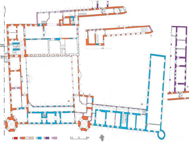 Żyrowa, the palace, first floor plan with chronological stratification of walls. Legend: A – Gothic (the 15th century); B – Mannerism (1631–1644); C – Baroque (1781); D – approx. 1899; E – 1905-1911; F – walls unknown and from the 20th century; RC – stately courtyard; GC – garden courtyard; G – Gallery second level; S – shed; (edited by Authors)