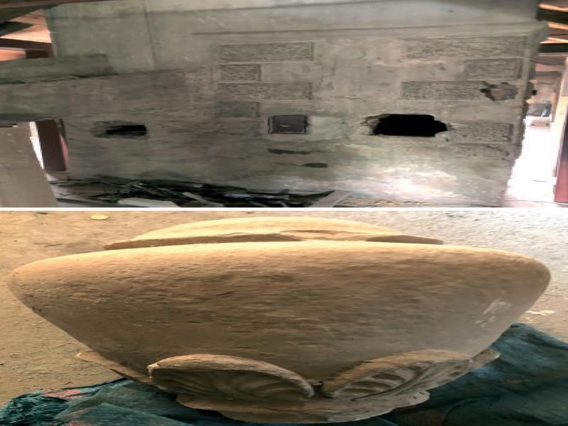 Żyrowa, the palace, west wing, attic, Mannerist chimney decoration (a); vase found in the stately courtyard probably from the attic surrounding the roofs (b) (photo by Authors)