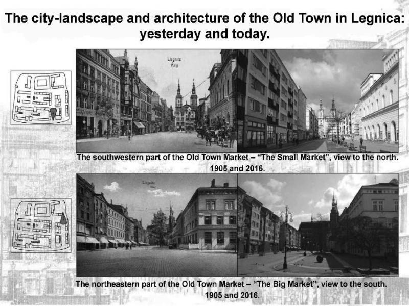 Comparison of the photography of the Old Town Market in Legnica at the beginning of the 20th century and contemporary view. (author: Magdalena Słabicka, 2015/2016)