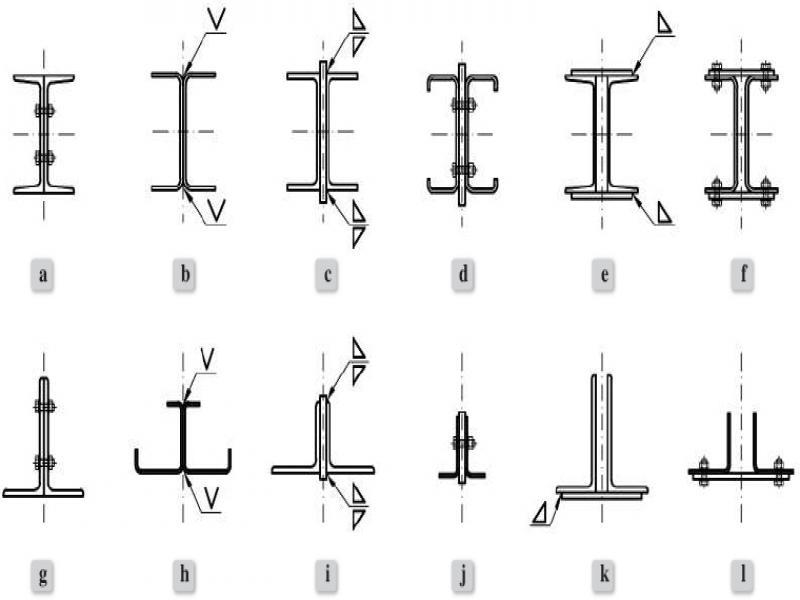 Examples of composite closely spaced built-up member (CSBUM) sections built of a pair of: (a)–(f) channel sections, (g)–(l) angle sections