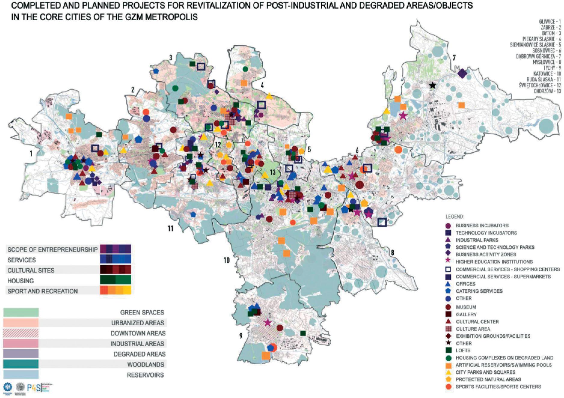 Completed and planned revitalization projects for post-industrial and degraded areas / facilities in the core cities of the Metropolis GZM – synthesis, by: E. Sarna, D. L’udviková, P. Konior, N. Tadla on the basis of research conducted by first year students of the master’s degree programme in the Faculty of Architecture of Silesian University of Technology, in the academic year 2020/2021