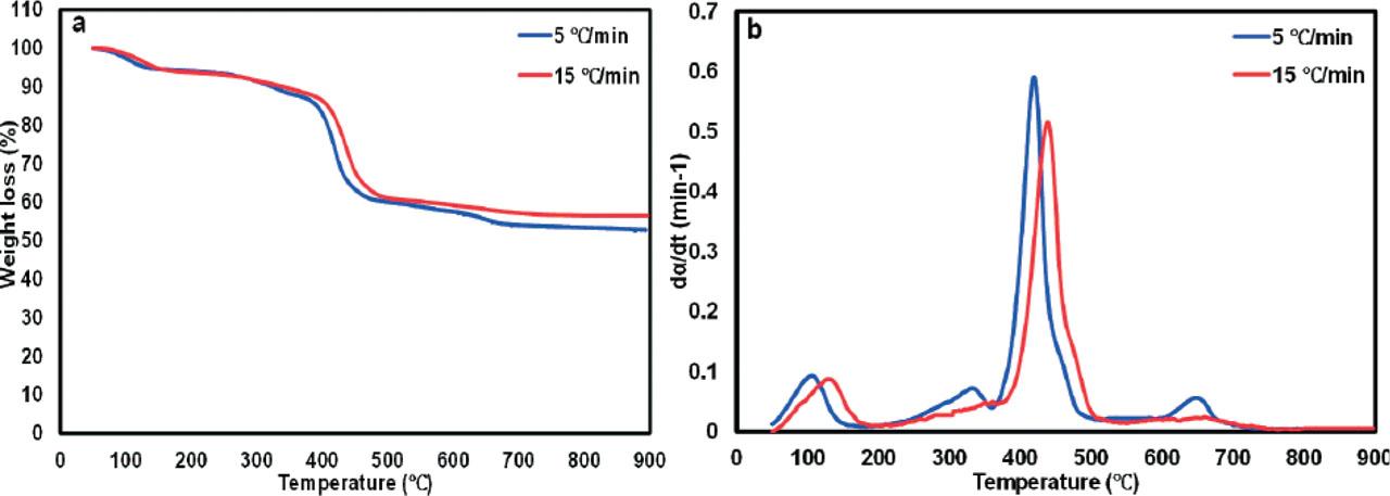 Thermogravimetric (TG) and Differential thermo-gravimetric (DTG) (b) profiles of pyrolysis of PMSW