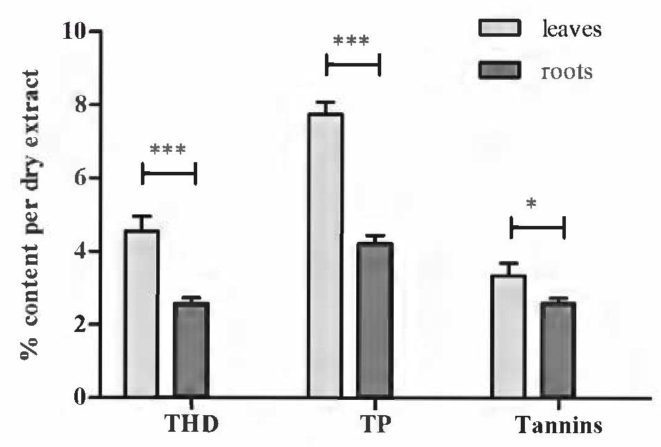 Comparison of the content of groups of secondary metabolites: hydroxycinnamic derivatives (THD), total polyphenols (TP), and tannins, calculated per weight of dried extract of leaves and roots of D. fullonum. The bars represent mean ± SD, n=4; *** = p <0.001 extracts of leaves vs. extracts of roots (ANOV A/Bonferroni).