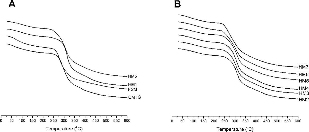 TGA curves of (a) FSM, CMTG, and hydrogel films HM1 and HM5 and (b) hydrogel films HM2–HM7.