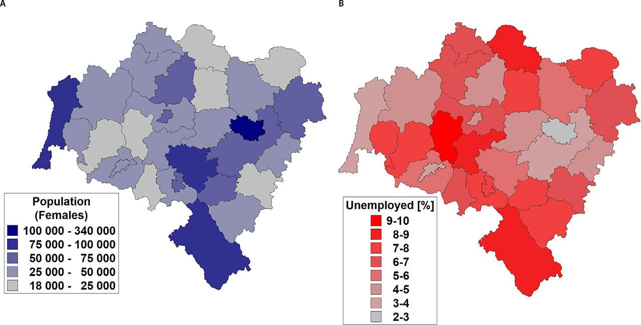 Average population (A) and rates of unemployment (B) of women in Lower Silesia, Poland, within the decade of 2005–2014