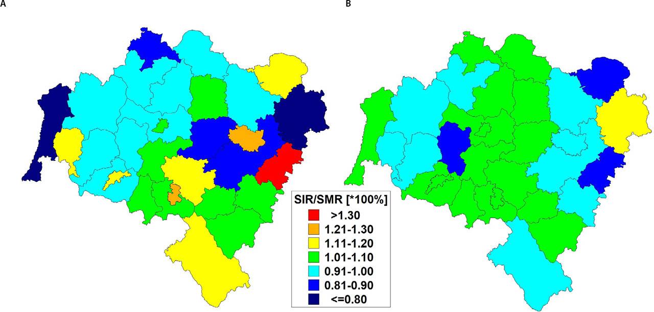 Standardized incidence (A) and mortality (B) ratios of breast cancer in Lower Silesia, Poland (2005–2014)