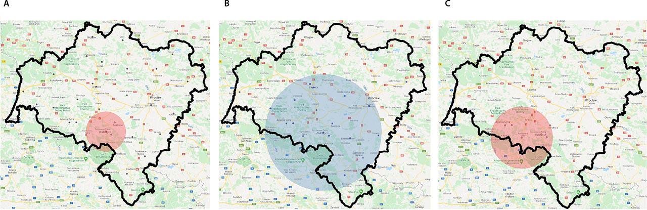 Statistically significant (p< 0.05) spatiotemporal breast cancer (BC) incidence hot (A) and cold (B) spots and statistically significant (p< 0.05) spatiotemporal BC mortality hot spot (C) in Lower Silesia (with geographical centers of administrative units)