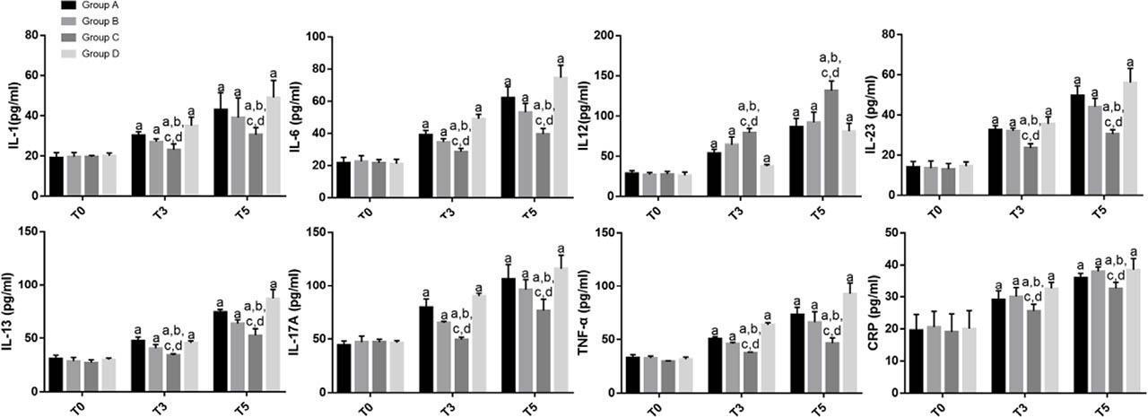 Levels of stress indicators and inflammatory factors at different time points. a P < 0.05 vs. T0. At the same time point, b P < 0.05 vs. Group A, c P < 0.05 vs. Group B, d P < 0.05 vs. Group D