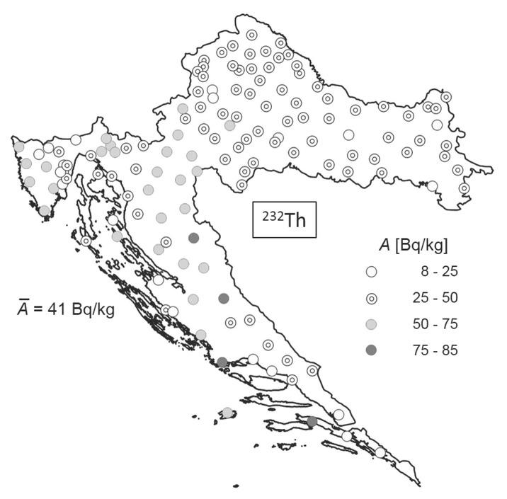 Distribution of the A of 232Th in Croatian soil