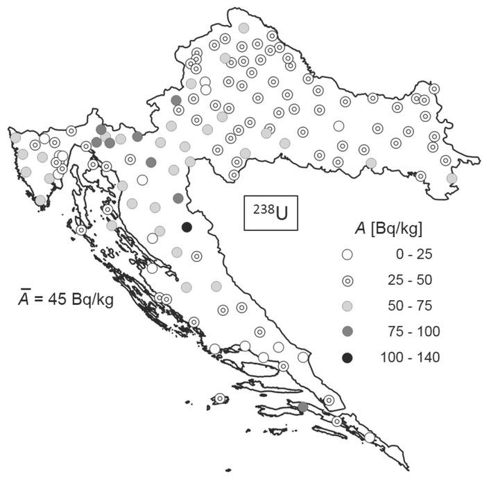 Distribution of the A of 238U in Croatian soil
