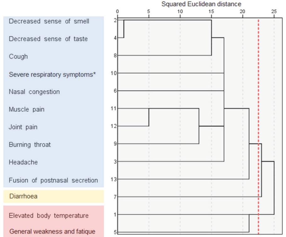 Clustering of symptoms reported by HCWs (N=59): blue – COVID-19 neurological, musculoskeletal, and respiratory symptoms; yellow – gastrointestinal symptom; red – acute infection symptoms. *shortness of breath, tachypnoea, dyspnoea in rest