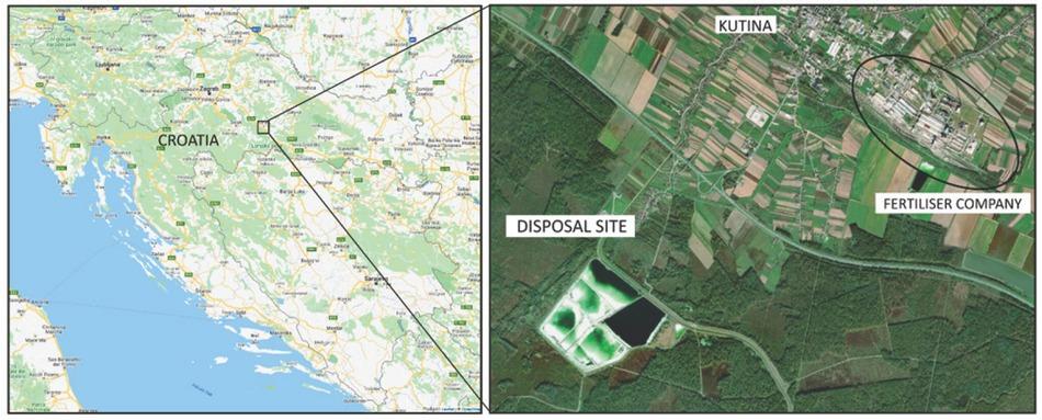Location of the phosphogypsum disposal site in relation to the fertiliser factory and the city of Kutina, Croatia