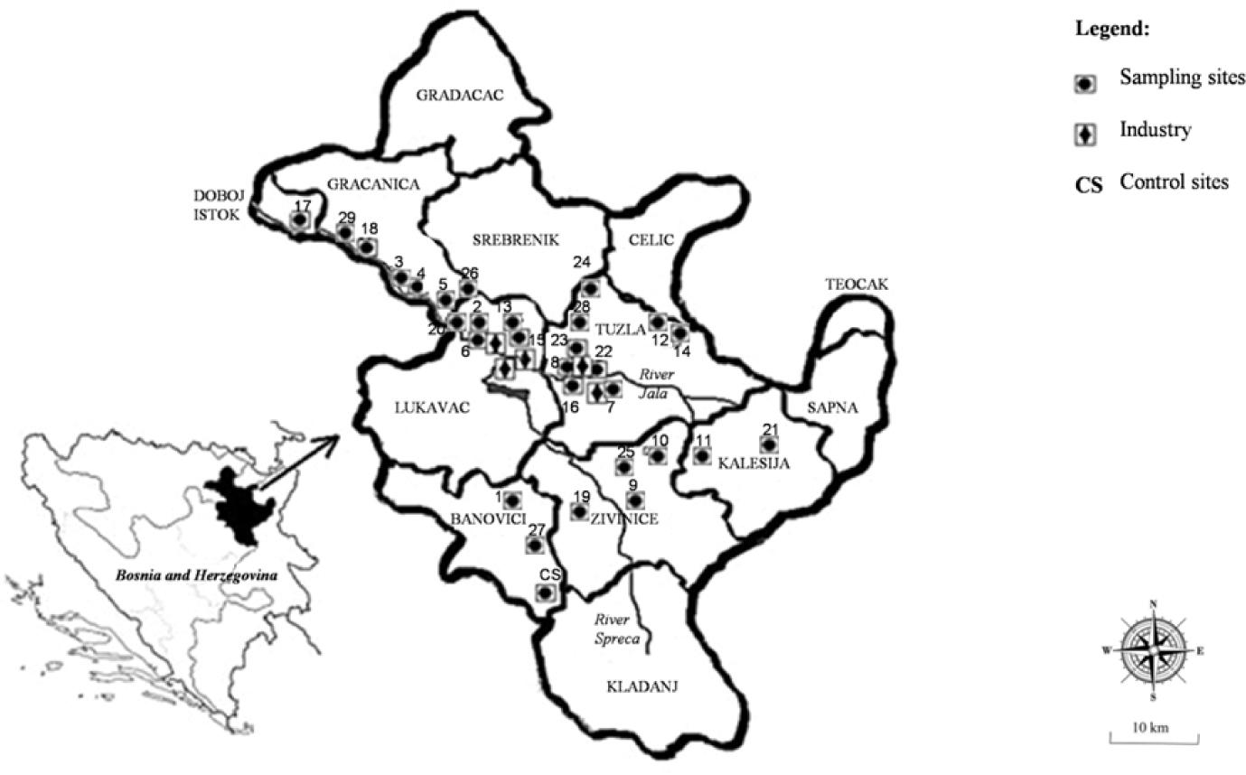 Locations of the sampling sites in the Tuzla Canton