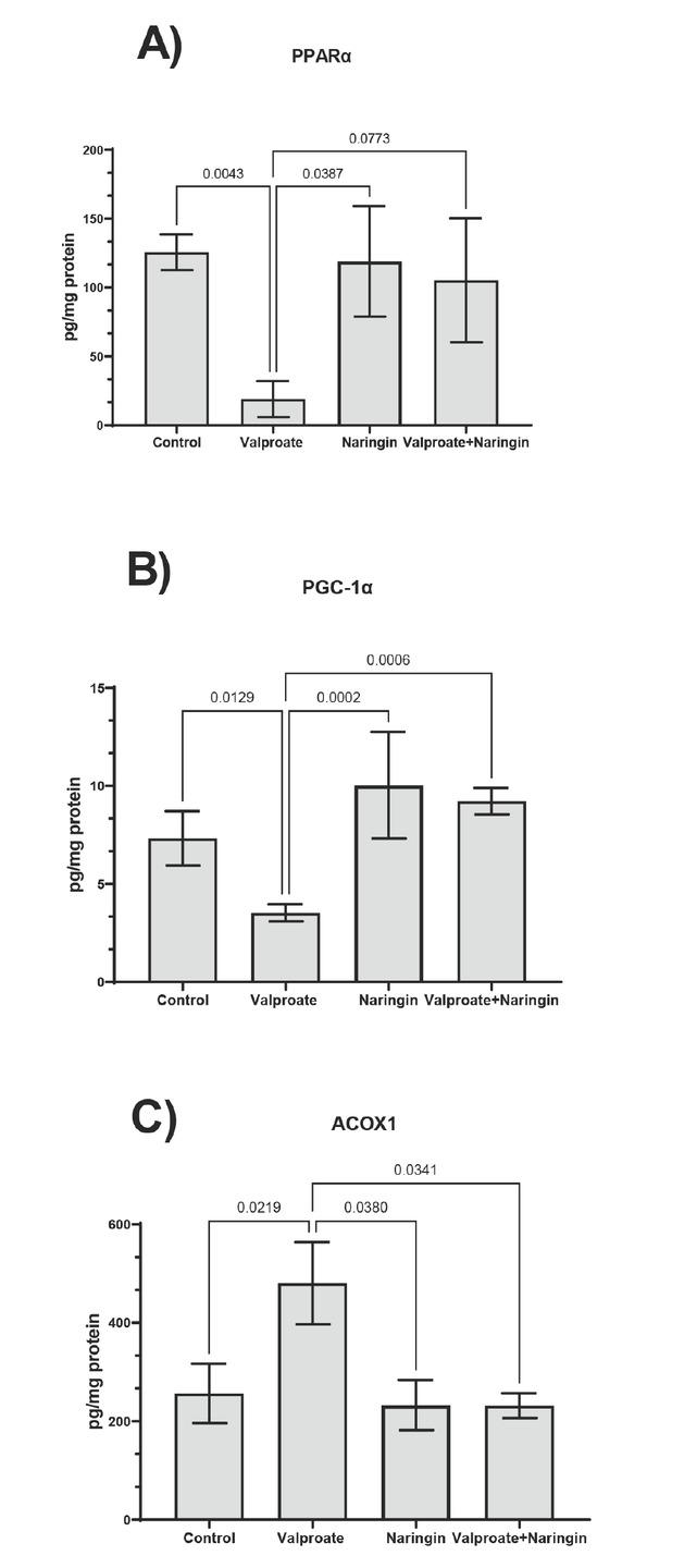 Liver lipid metabolism regulators in control mice and mice treated with daily doses of 150 mg/kg bw valproate, 25 mg/kg bw naringin, and their combination for 10 days. The numbers above bars represent statistically significant differences (p<0.05) between specific groups