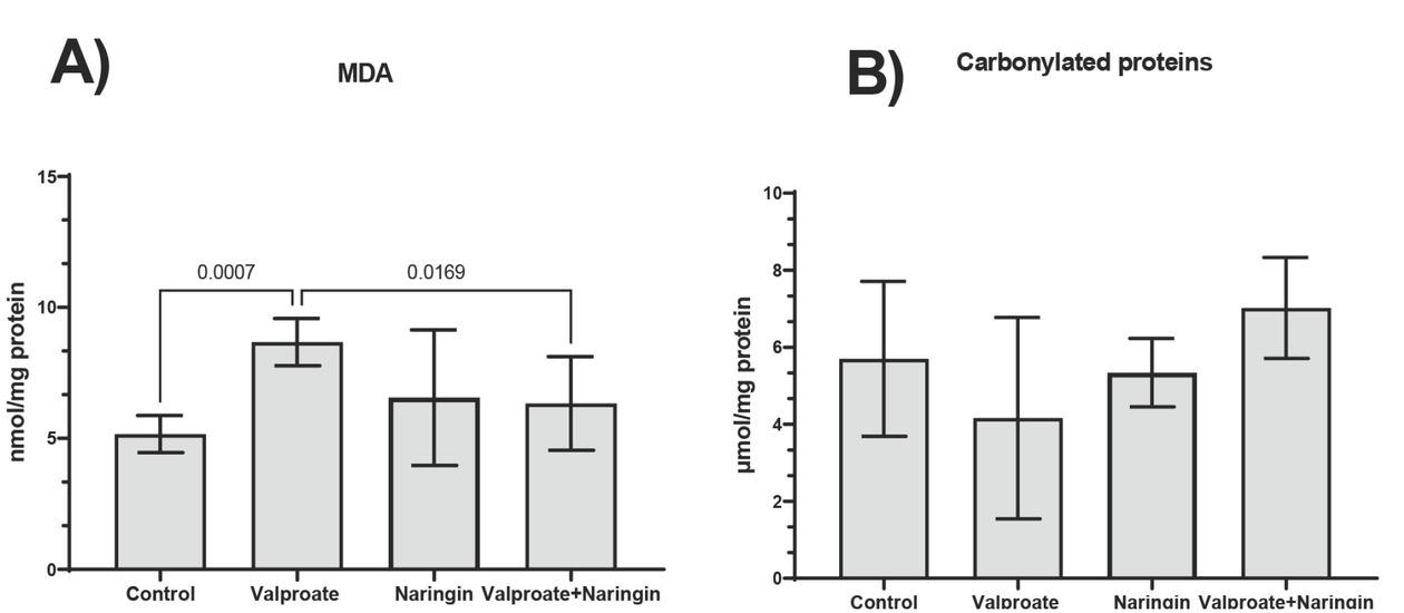 Liver tissue oxidative stress parameters in control mice and mice treated with daily doses of 150 mg/kg bw valproate, 25 mg/kg bw naringin, and their combination for 10 days. The numbers above bars represent statistically significant differences (p<0.05) between specific groups. MDA – malondialdehyde