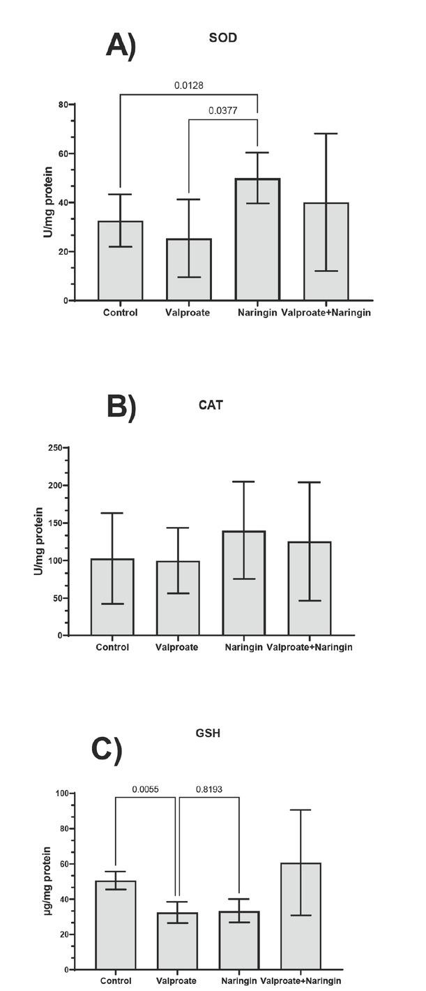Liver tissue antioxidants in control mice and mice treated with daily doses of 150 mg/kg bw valproate, 25 mg/kg bw naringin, and their combination for 10 days. The numbers above bars represent statistically significant differences (p<0.05) between specific groups. SOD – total superoxide dismutase activity; CAT – catalase activity; GSH – reduced glutathione