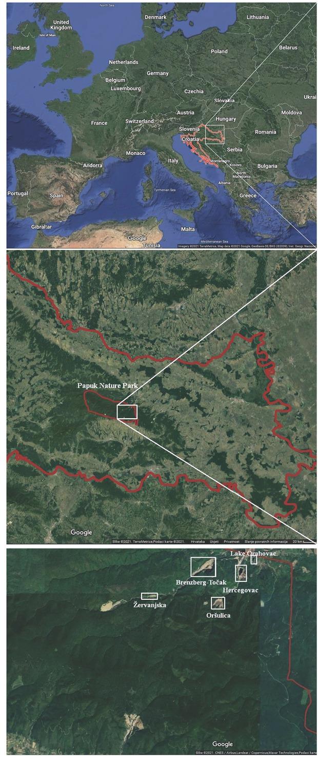 Location of the PNP within Croatia and locations of quarries Hercegovac, Oršulica, Brenzberg-Točak, and Žervanjska, as well as Lake Orahovac in the PNP (Source: Google Maps)