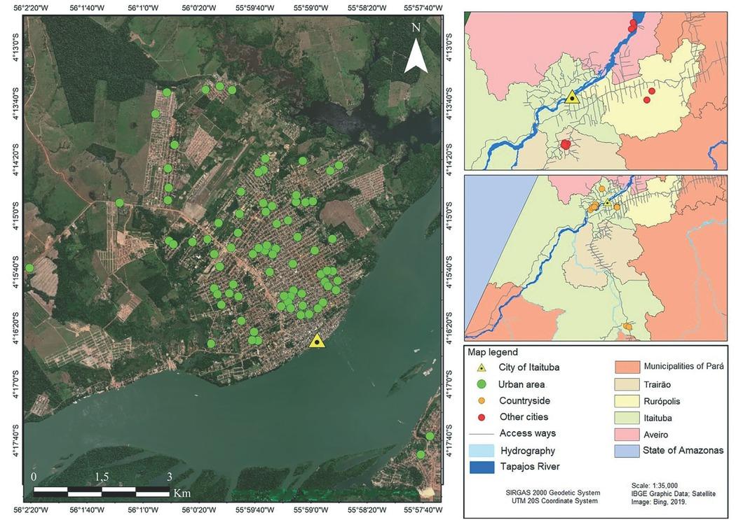 Distribution of participants by residence in and around Itaituba along the Tapajós River (Amazon, Brazil). The left panel shows residences as green dots. The lower part of the right panel shows the legend, translated as follows: Itaituba (Cidade de Itaituba); Urban area (Área urbana); Rural zone (Zona rural); Other cities (Outras cidades); Access roads (Vias deacesso) ; Water (Hidrographia); the Tapajós River (Rio Tapajós) ; Pará Municipalities (Municipios do Pará); State of Amazonas (Estado do Amazonas)