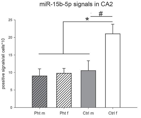 Relative number of miR-15b-5p-positive neurons in the hippocampal cornus ammonis 2 (CA2) region of control male rats (Ctrl m; n=5), control female rats (Ctrl f; n=9), phthalate-treated male rats (Pht m; n=5), and phthalate-treated female rats (Pht f; n=10). The sex effect (F1,25=4.9967, p=0.0345) and treatment effect (F1,25=4.7352, p=0.0392) are significant. * p<0.05 and # p<0.05 for the Ctrl m and Ctrl f comparison (unpaired Student’s t-test: t=-2.459, p=0.03)
