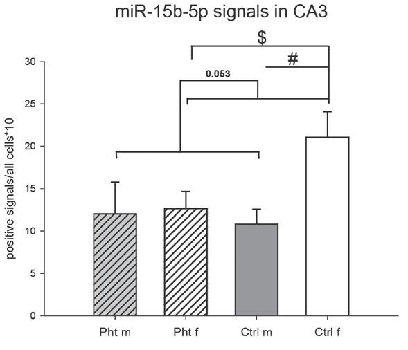 Relative number of miR-15b-5p-positive neurons in the hippocampal cornus ammonis 3 (CA3) region of control male rats (Ctrl m; n=5), control female rats (Ctrl f; n=9), phthalate-treated male rats (Pht m; n=5), and phthalate-treated female rats (Pht f; n=10). The sex effect shows a trend towards significance (F1,25=4.0915, p=0.0539). $ p<0.05 for the Ctrl f and Pht f comparison (unpaired Student’s t-test: t=-2.529, p=0.022); # p<0.05 for the Ctrl m and Ctrl f comparison (unpaired Student’s t-test: t=-2.758, p=0.017)