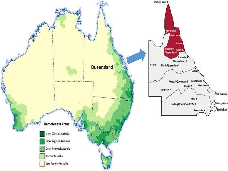 Map of the 2016 Remoteness for Australia. Blue arrow shows the Far North Queensland region. Retrieved from: https://www.abs.gov.au/websitedbs/D3310114.nsf/home/remoteness+structure. https://www.health.qld.gov.au/mass/subsidy-schemes/rural-remote.