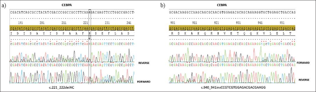 (a) Sequence chromatogram showing the heterozygous c.221_222delAC mutation of the CEBPA gene.(b) Sequence chromatogram showing the heterozygous c.940_941insCCGTCGTGGAGACGACGAAGG mutation of the CEBPA gene.