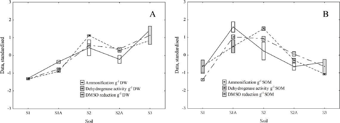 Enzyme activities (activities of dehydrogenase, ammonification, and DMSO reduction) along the chronosequence (n = 3). Data were standardized d(z =x-μσ).$\text{d}\left( \text{z =}\frac{\text{x- }\!\!\mu\!\!\text{ }}{\sigma } \right).$(a) Enzyme parameters calculated per gram of DW, (b) enzyme parameters calculated per gram of SOM. Boxes represent means ± standard error and markers mean values.Abbildung 1. Enzymatische Parameter (Dehydrogenaseaktivität, Ammonifikation und DMSO Reduktion) entlang der Chronosequenz (n = 3). Die Daten wurden standardisiert (z =x-μσ).$\left( \text{z}\,\text{=}\frac{\text{x- }\!\!\mu\!\!\text{ }}{\sigma } \right).$A) Enzymatische Daten, bezogen auf 1 g Trockengewicht (DW), B) enzymatische Daten, bezogen auf 1 g organische Substanz (SOM). Die Boxen repräsentieren den jeweiligen Mittelwert ± Standardfehler, die Marker geben Mittelwerte an.