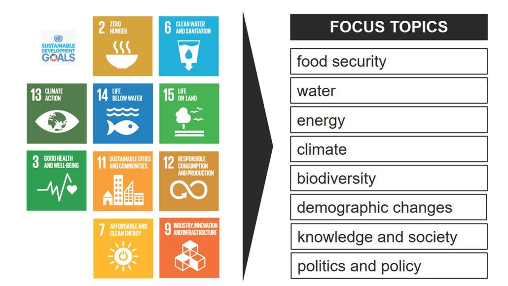 Relevant SDGs and the corresponding focus topics identified in the Austrian expert interviewsAbbildung 2. relevante SDGs und durch die ExpertInneninterviews identifizierte Fokusthemen