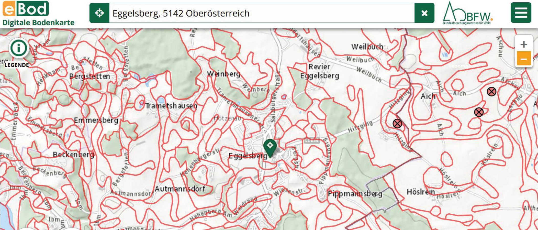 Original map of the Agricultural Soil Survey in the community Eggelsberg. Red lines delineate strata with similar soils (https://bodenkarte.at/).Abbildung 1. Bodenkarte der landwirtschaftlichen Bodenkartierung der Gemeinde Eggelsberg. Die roten Linien bezeichnen Zonen mit gleichen Bodenformen (https://bodenkarte.at/).