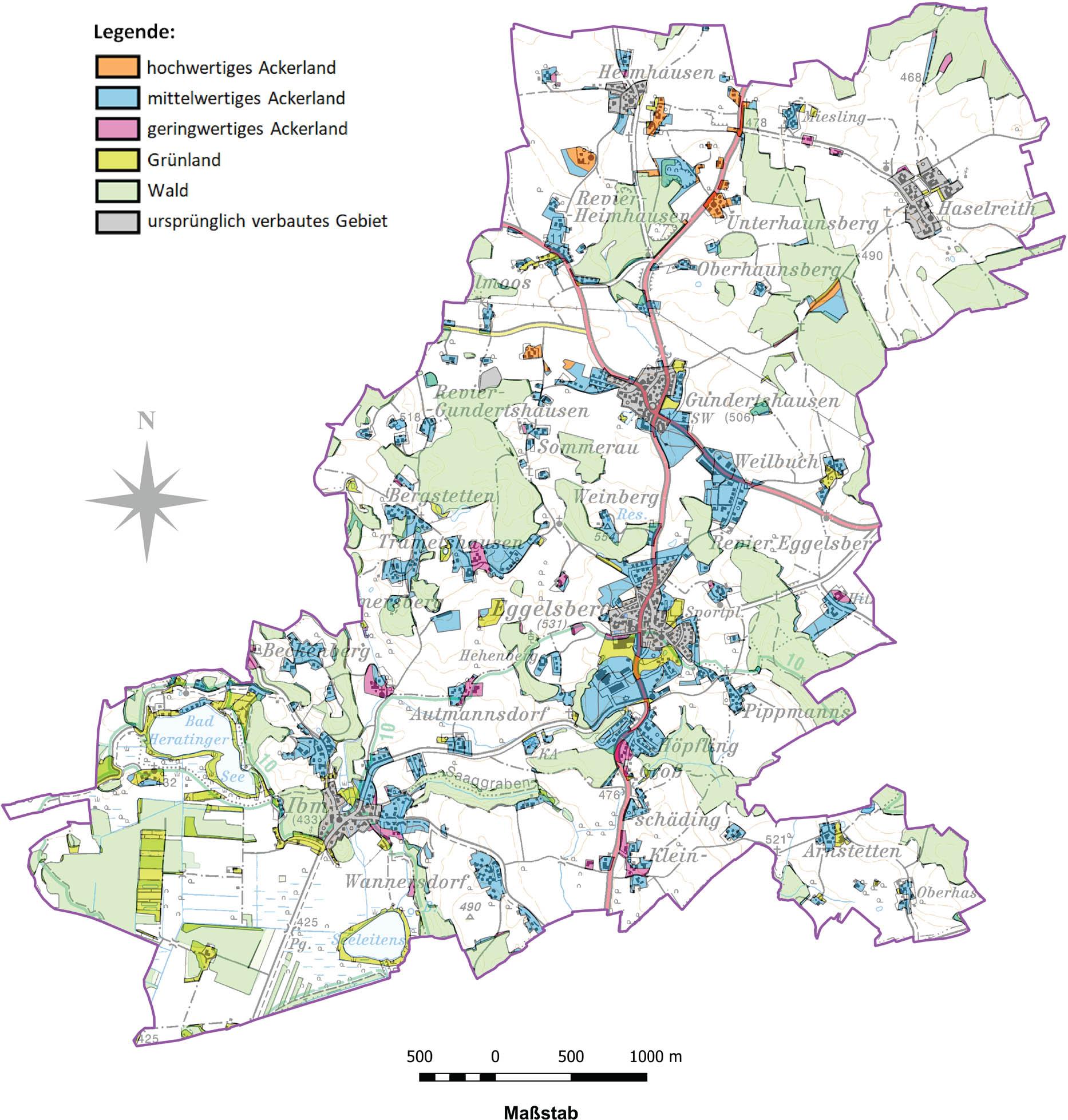 Map of the village Eggelsberg. The grey shades represent the historic area of settlements and light green shades forest. The orange, blue, and magenta shades represent now-sealed areas of high-, medium-, and low-productivity cropland, respectively, and the yellow shades represent now-sealed areas of grassland.Abbildung 2. Karte der Gemeinde Eggelsberg. Die grauen Zonen geben das Siedlungsgebiet von 1970 wieder. Die hellgrünen Flächen sind Wald. Die Farbtöne Orange, Blau und Magenta repräsentieren jetzt verbaute Gebiete mit Ackerland mit hoher, mittlerer und niedriger Produktivität, und die gelben Farbtöne repräsentieren jetzt versiegeltes Grünland.
